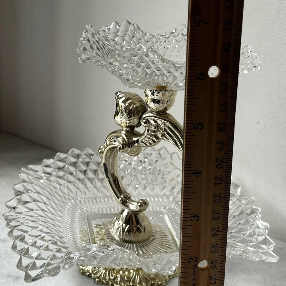 Federal Glass Square Ruffle Diamond Gold Angel 2 Tier Candy Dish Tray ..vintage